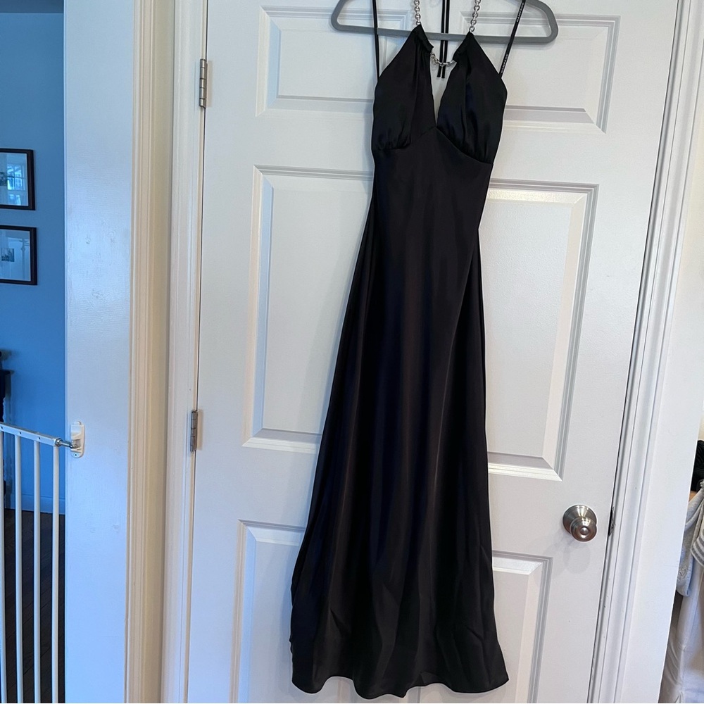 NWT Y2K 90s Rampage Black Halter Gown Size 3 Maxi Dress w/Bra Rhinestone Vintage